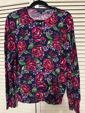 Lands' End Navy Cardigan with Red Rose Floral Print